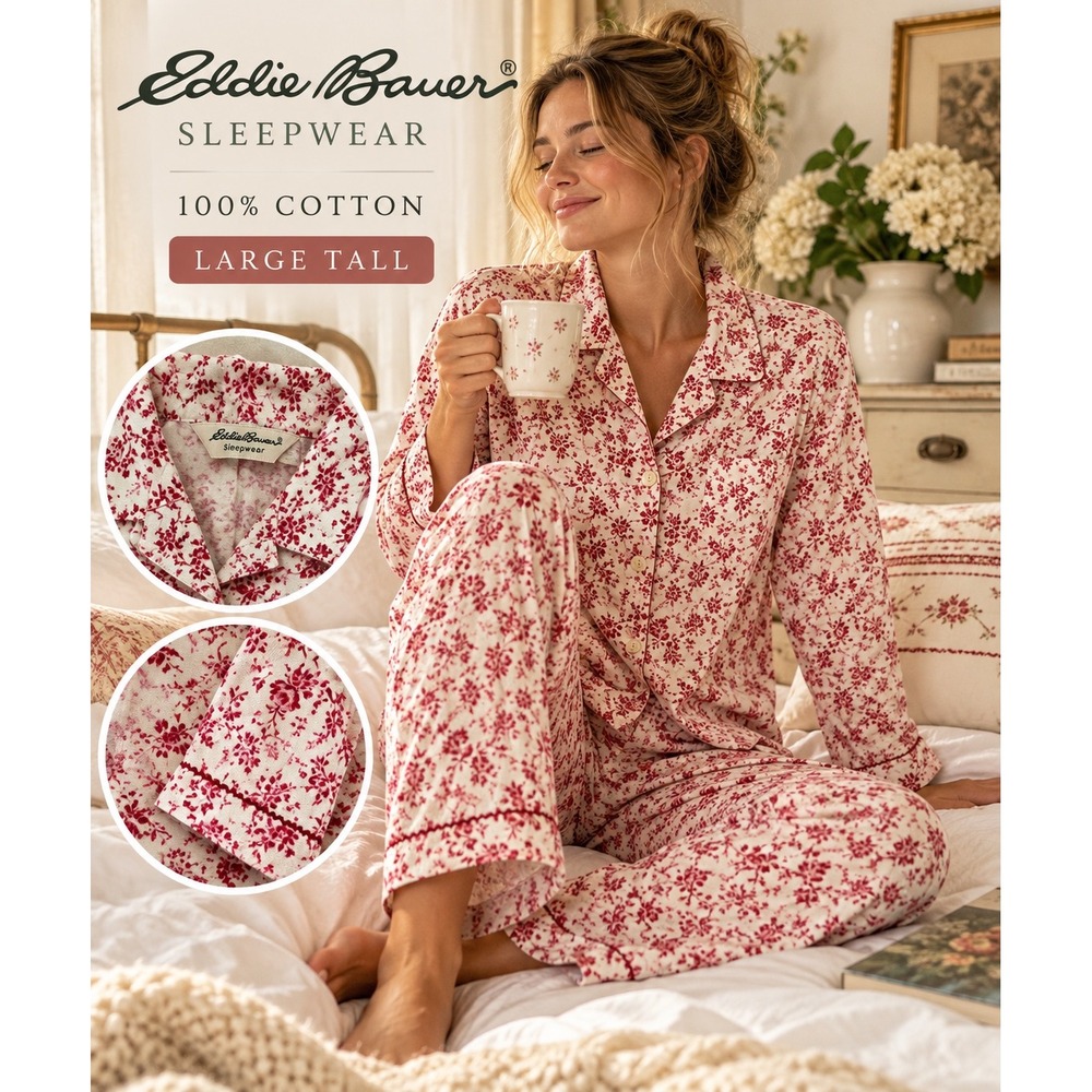 Eddie Bauer Large Tall 100% Cotton Floral Pajama Set Cottagecore Sleepwear